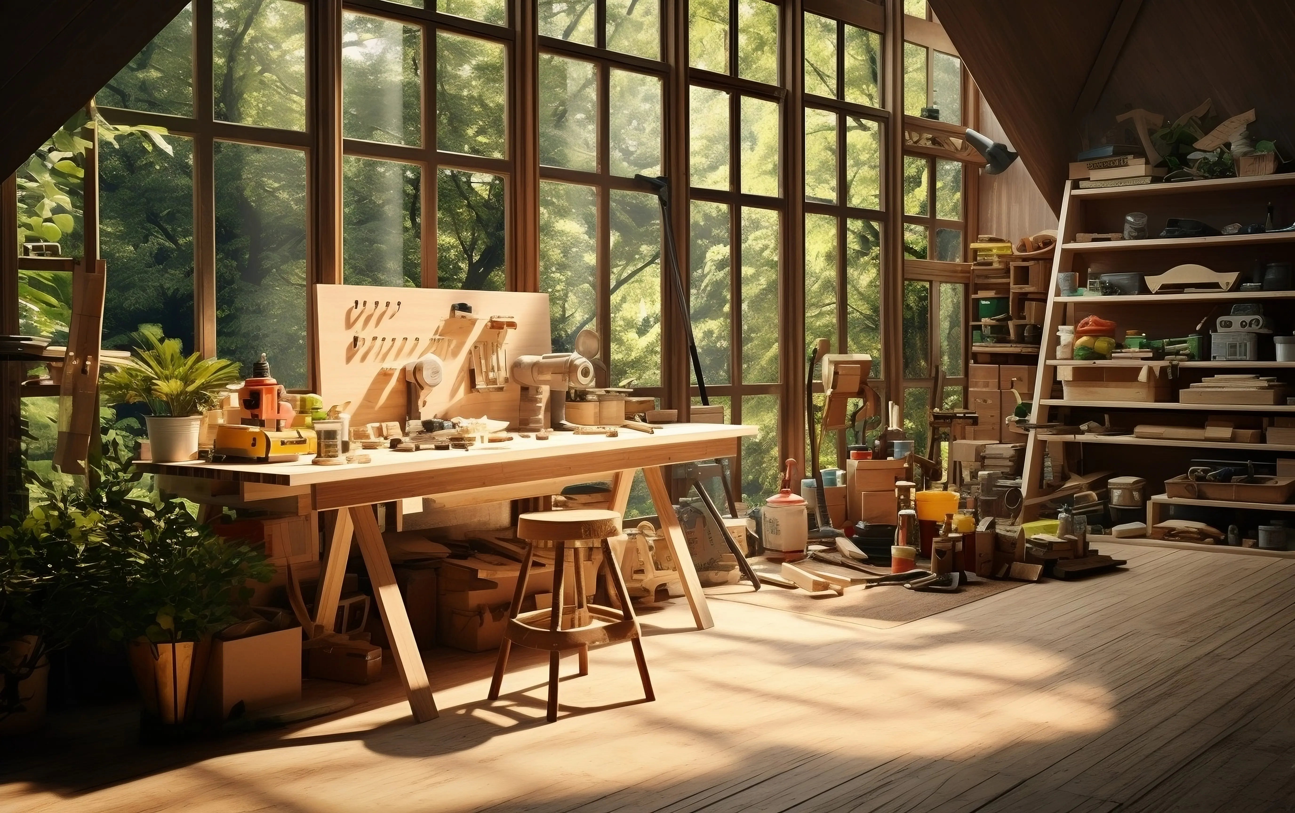 Ein geräumiger, von Sonnenlicht durchfluteter Raum mit eleganten Möbeln und großen Fenstern KI