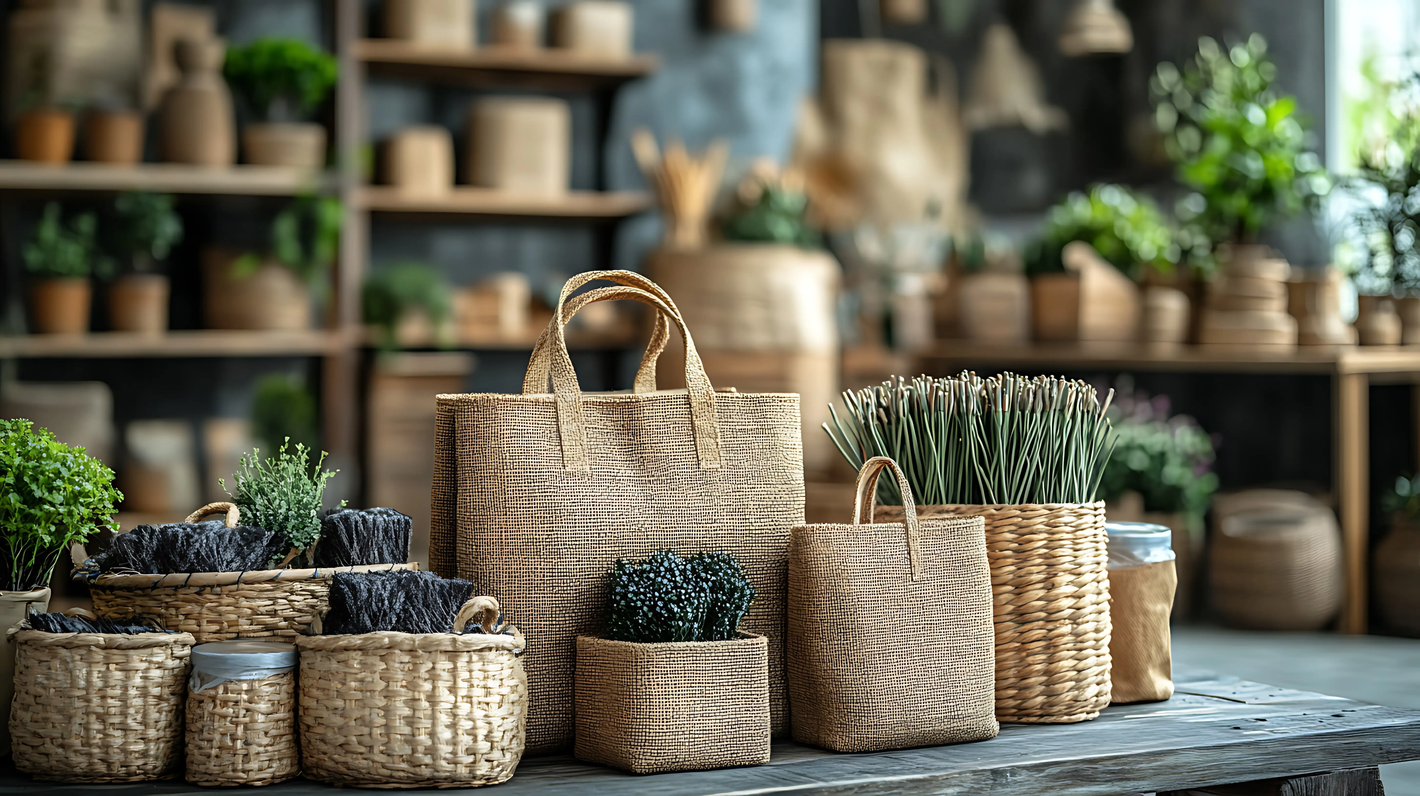 Hochwertige, umweltfreundliche Einkaufstaschen und natürliche Dekoration in einem gemütlichen Ladenambiente mit Begrünung und rustikalen Accessoires.