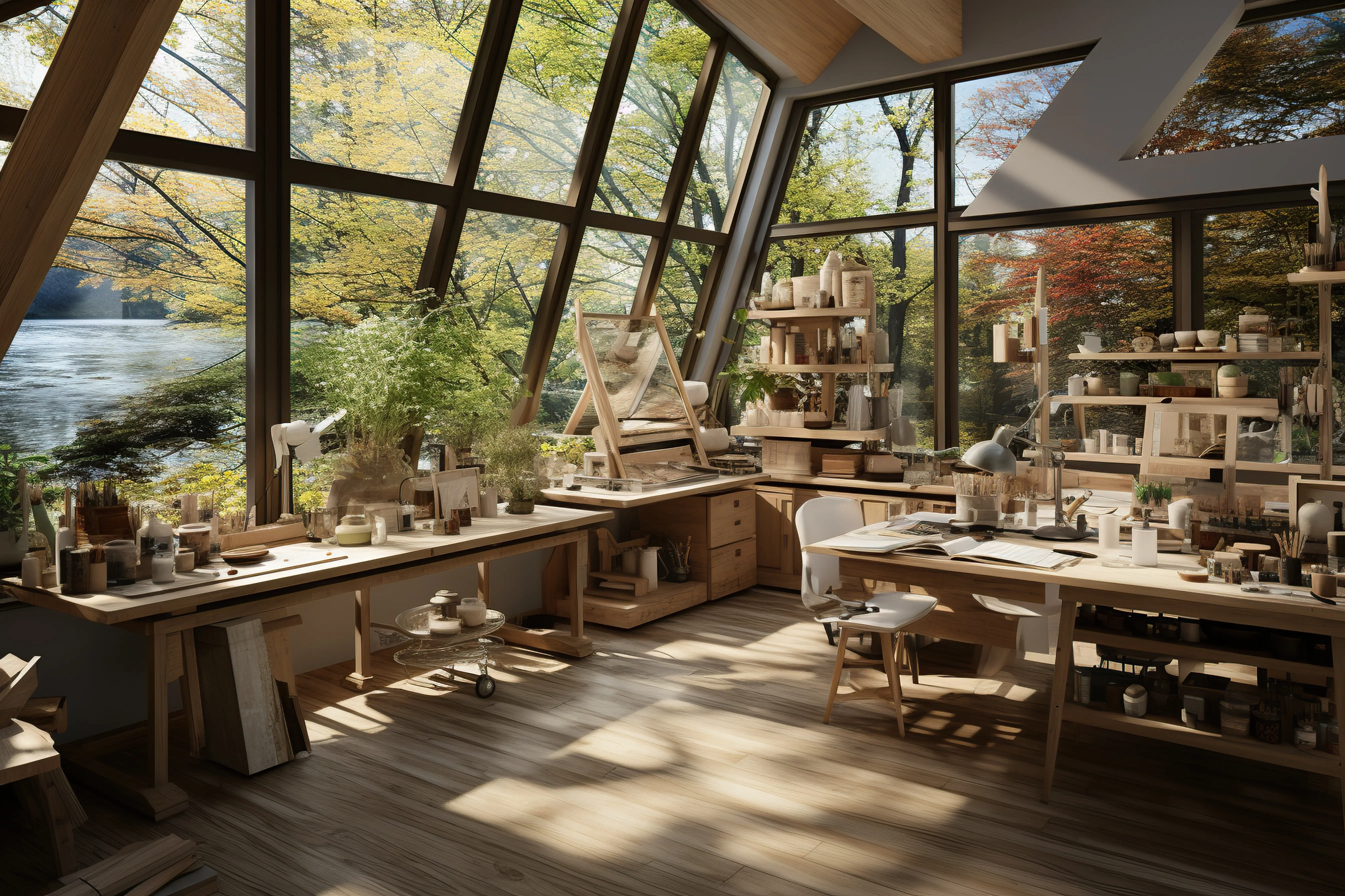 Nordisch inspiriertes Künstleratelier, das Schlichtheit und die Verbindung zur Natur betont, mit KI erstellt.