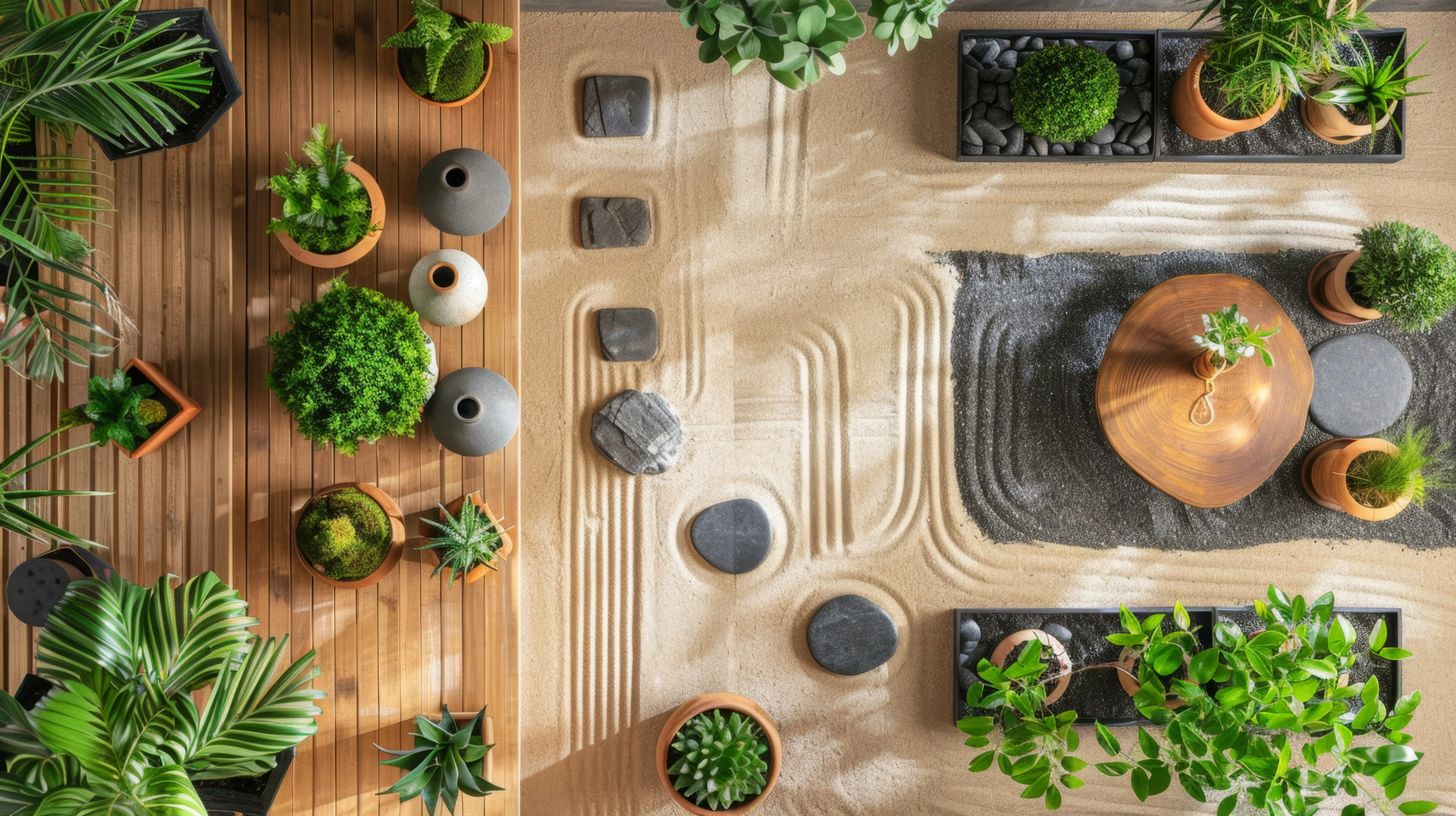 Friedlicher Zen-Garten mit Sandmustern und üppigem Grün