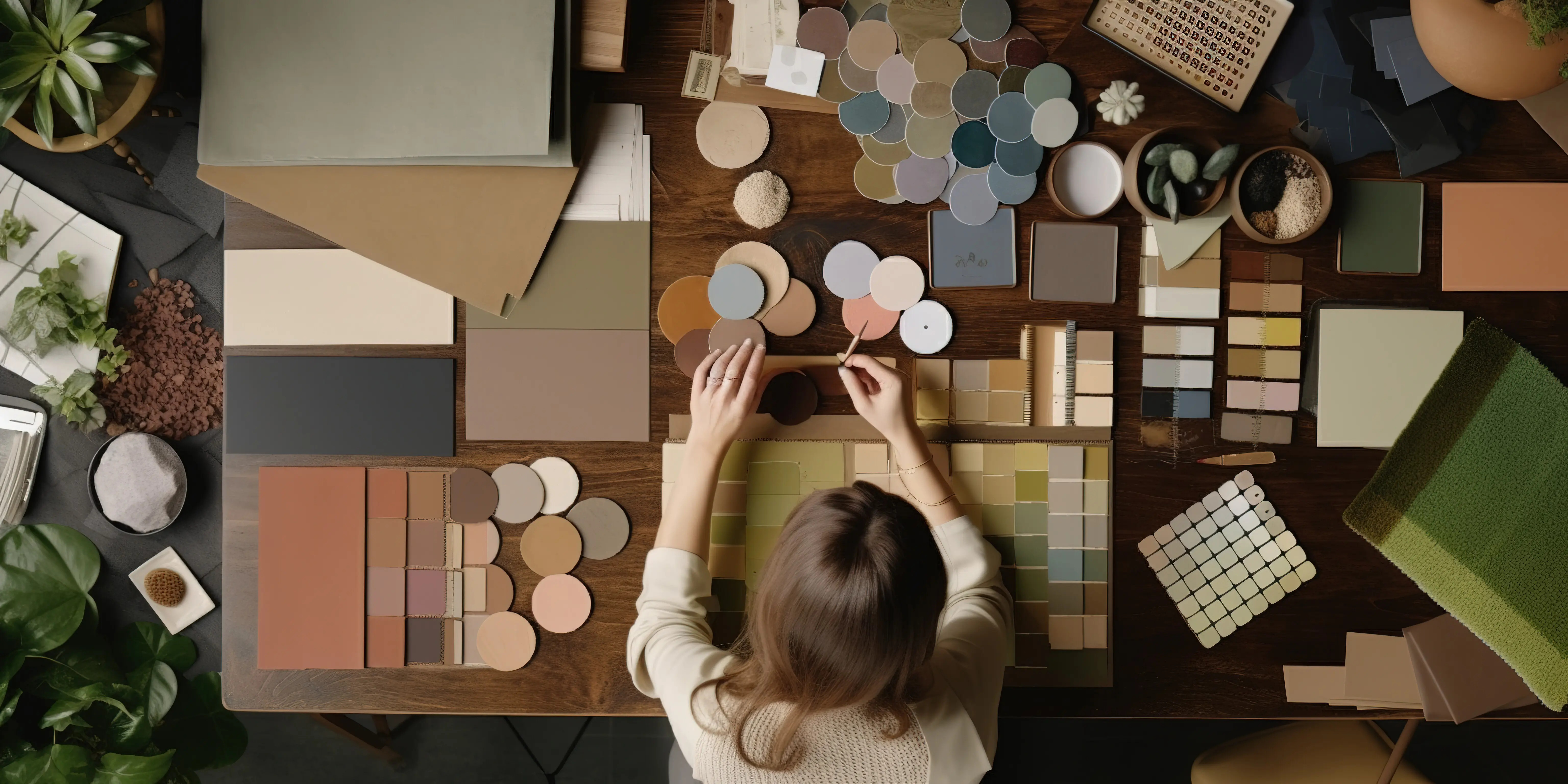 Eine Frau sitzt an einem Tisch mit verschiedenen Farben, der voller Dinge ist.